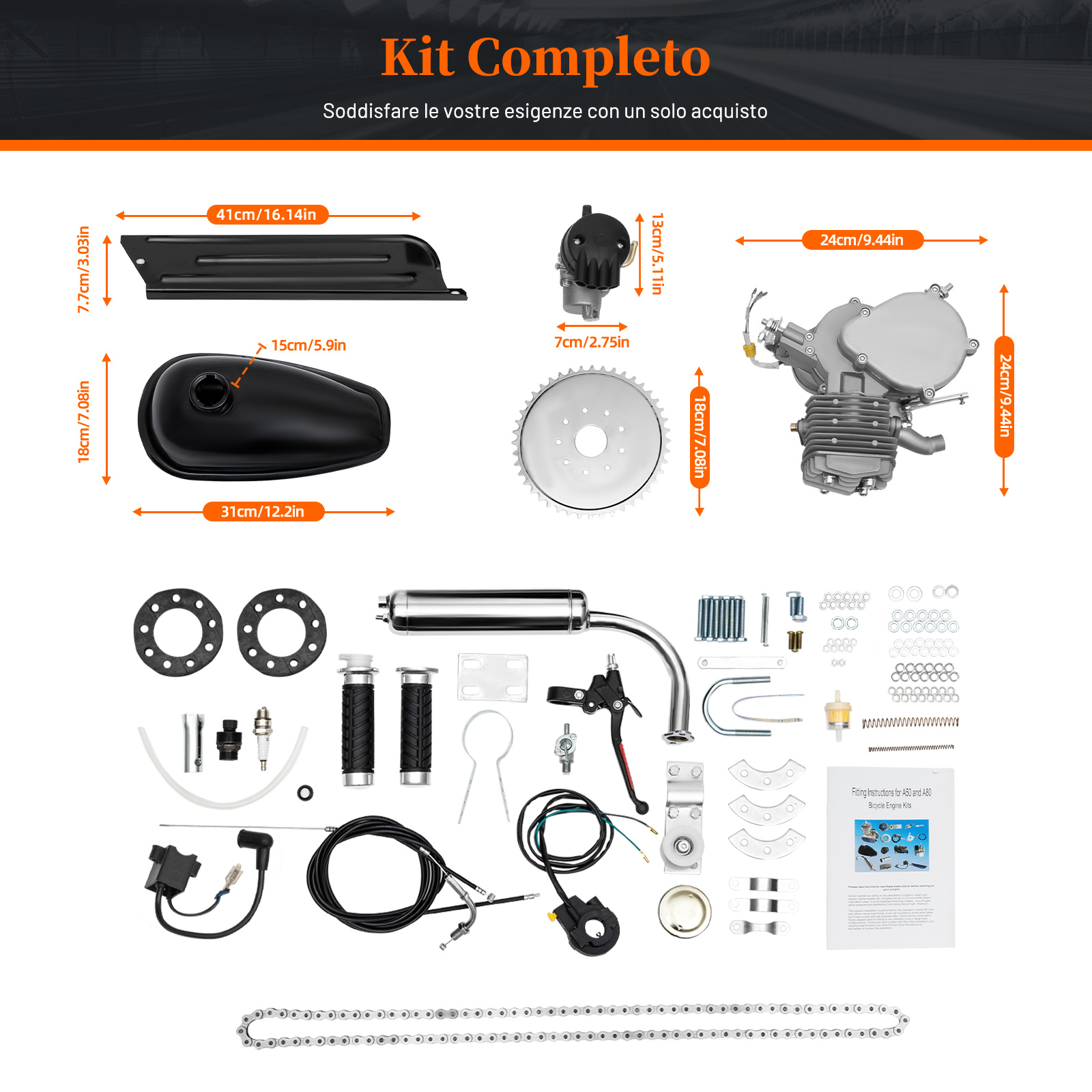 Kit Motore 80CC Per Bicicletta | Motore A Benzina 2 Tempi | Fino A 45 Km/h | Per Bici 26-28 Pollici | Mountain Bike, City Bike