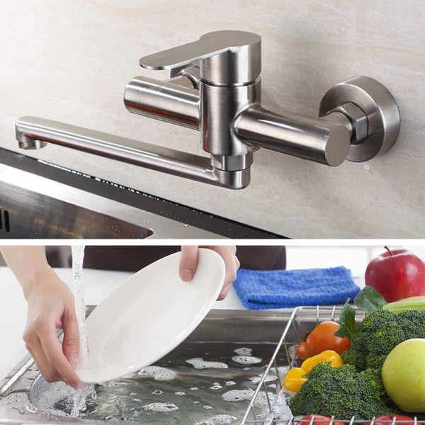 Rubinetto Da Muro Girevole 360° Acciaio Inox 304 - Miscelatore Cucina A Parete, Color Oro, Per Uso Alimentare - Foto 11