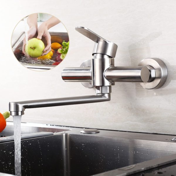 Rubinetto Da Muro Girevole 360° Acciaio Inox 304 - Miscelatore Cucina A Parete, Color Oro, Per Uso Alimentare - Foto 2