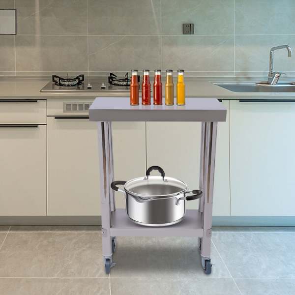 Tavolo Da Lavoro Acciaio Inox 2 Ripiani - Regolabile In Altezza - Per Cucina, Ristorante, Panificio - 60x30x85