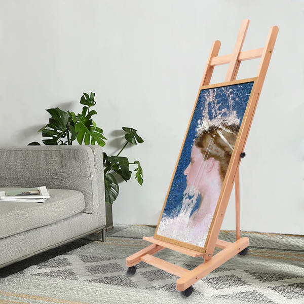 MEEDEN Cavalletto per Pittura in Legno: H Frame Grande Cavalletto in Faggio Massiccio con Ruote e Vassoio di Stoccaggio - Regolabile da 190-370CM, può Contenere arte su Tela Fino a 236CM