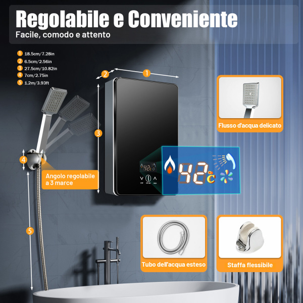 Scaldabagno Elettrico Istantaneo Da 8 Litri - Temperatura Regolabile 30-75°C Per Lavandino - Foto 6