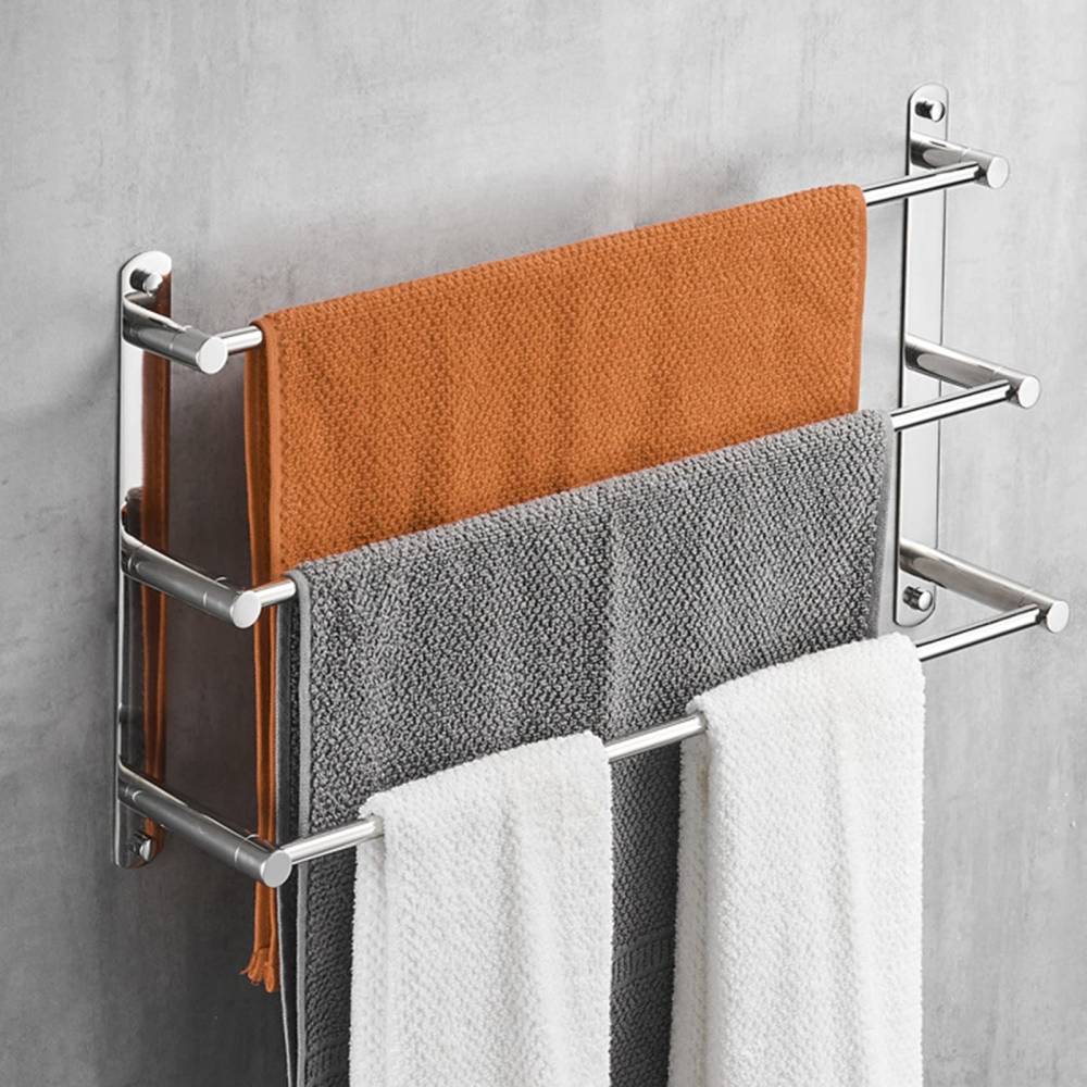 Porta a barre a torre in acciaio inox Premium, bagno doppio portasciugamani con gancio, asta asciugamano