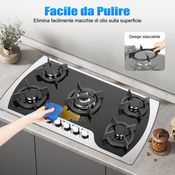 Piano Cottura 5 Fuochi A Gas, GPL E Metano, Vetro Temperato, Accensione Elettronica, Potenza Totale 10,25 KW, Sicurezza Anti-fiamma