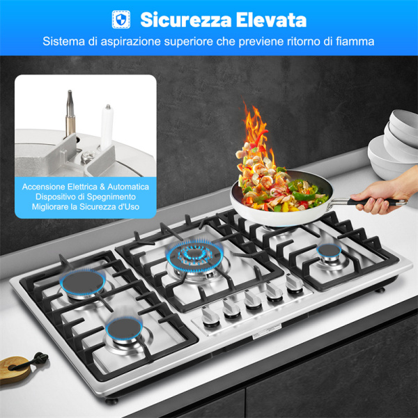 Piano Cottura A Gas 5 Fiamme In Acciaio Inox 86x51 Cm – Accensione Elettronica E Sicurezza Anti-fiamma