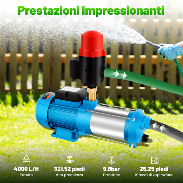 Pompa Centrifuga 1300W - Autoadescante, Acciaio Inox, 4000 L/h, 9.8 Bar, Per Giardino E Casa - Foto 2