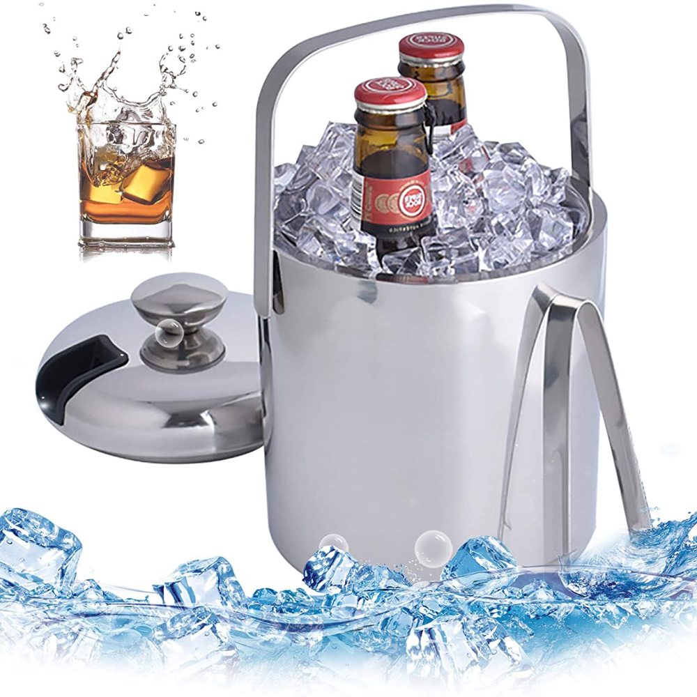 Secchiello Per Ghiaccio In Acciaio Inox 304, Capacità 1,3L Con Coperchio, Pinza E Scolapiatti, Per Festa E Matrimonio