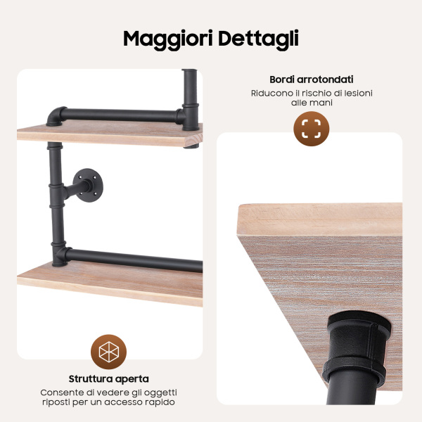 Scaffali da parete per bagno industriali, con porta asciugamani, mensole in legno rustiche, con