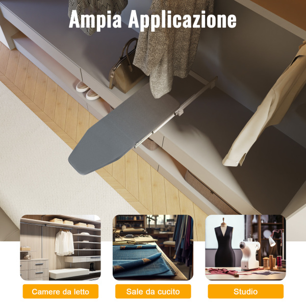 Asse Da Stiro Pieghevole A Montaggio Armadio - Estendibile, Ruota 180°, Grigio, Portata 45kg