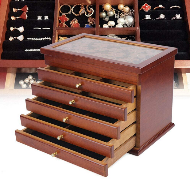 Scatola Portaoggetti In Legno Vintage Con Coperchio In Vetro – Versatile Per Gioielli, Cosmetici O Cartoleria, Taglia L