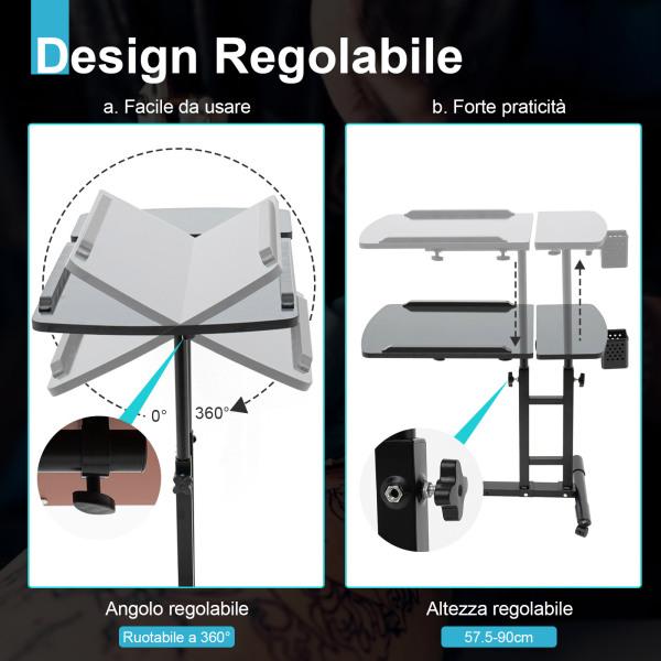 Banco Da Lavoro Portatile Per Tatuaggi – Altezza Regolabile 71.5-112 Cm, Ripiano 50x41 Cm