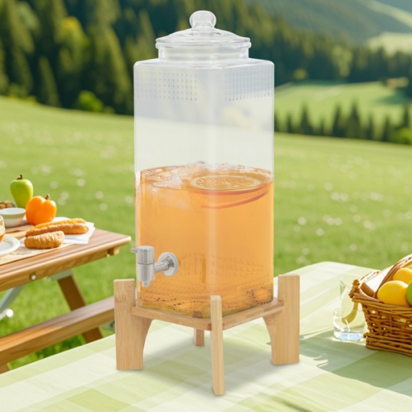 Distributore di succhi di frutta con base in legno, capacità 20 catties, con rubinetto e coperchio in vetro