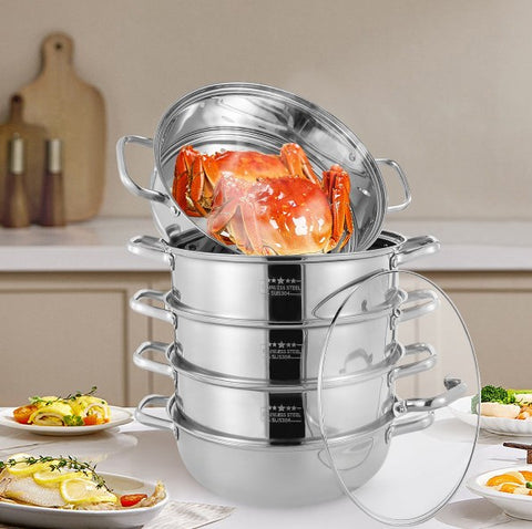 Pentola A Vapore In Acciaio Inox Piccola - 19,5 Cm, 3 Livelli, Per Cucina Sana, Adatta Tutti I Fuochi