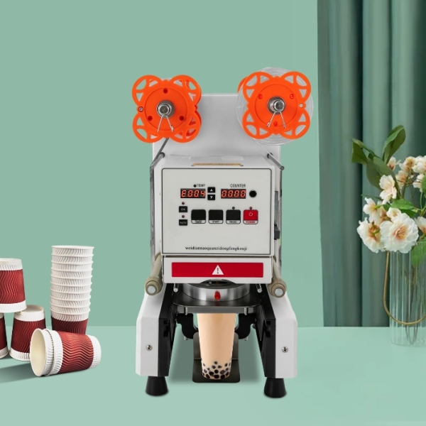 Sigillatrice completamente automatica per tazze da tè, acciaio inossidabile, funzione di lavaggio automatico dei coltelli, bianca