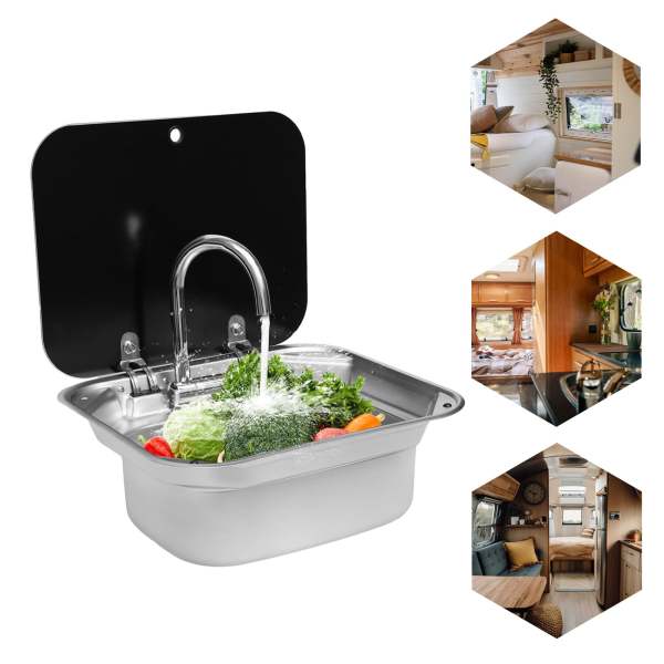 Lavandino Da Campeggio Con Rubinetto | Per Camper E Roulotte | Acciaio Inox Con Coperchio Ribaltabile - Foto 9