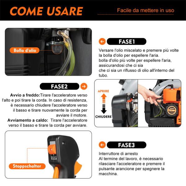 Soffiatore Foglie A Benzina 63CC - 6800 Giri/min, 2.7kW, Serbatoio 1.8L, Ideale Per Giardino E Neve - Foto 5