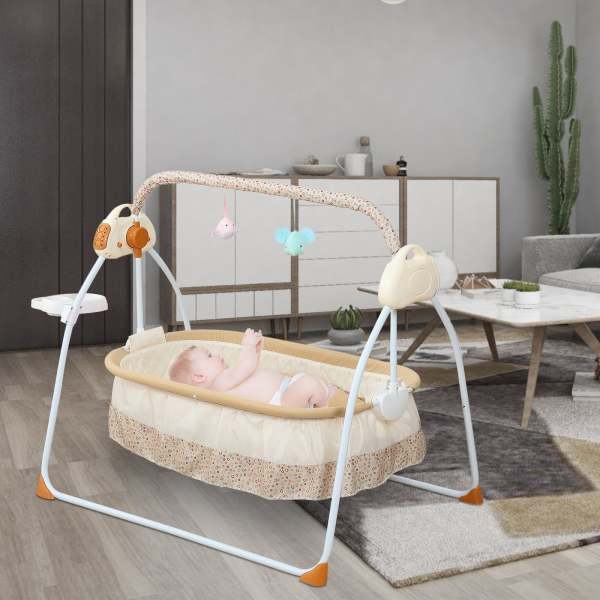 Culla Elettrica per bambini con Zanzariera, lettino pieghevole con telecomando (cachi)