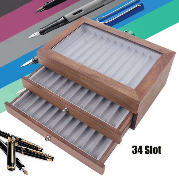 Scatola Portapenne, 34 Scomparti, con Finestrella in  Legno, Contenitore a più Strati, Penna Stilografica Organizer in Noce