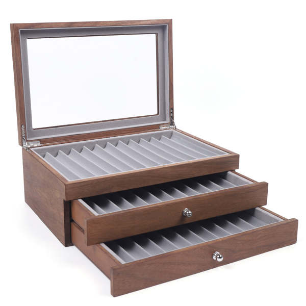 Scatola Portapenne, 34 Scomparti, con Finestrella in  Legno, Contenitore a più Strati, Penna Stilografica Organizer in Noce