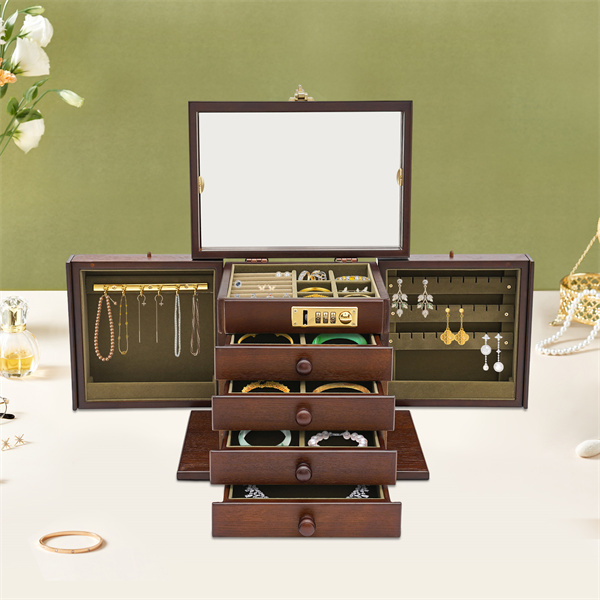 gegeweeret Portagioie in legno per donne, organizer in legno massiccio a 5 livelli, con lucchetto combinato, per gioielli, collane, anelli, stile vintage, scatola con braccialetti a specchio, orologi