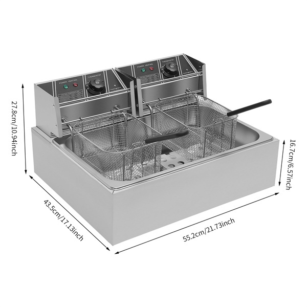 5000 W, 12 l Friggitrice elettrica in Acciaio inox,  doppia friggitrice con coperchio in Acciaio inox, per ristorante rapidi, snack bar