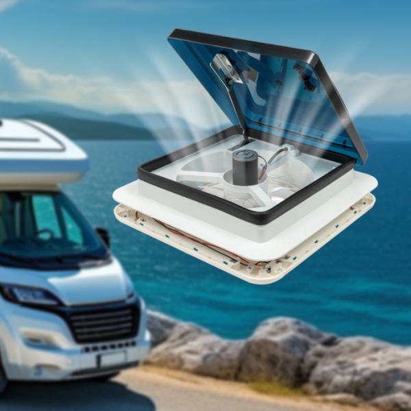 Ventilatore da tetto camper 12V, comando a pulsanti, apertura, 10 pale, copertura nera con luce