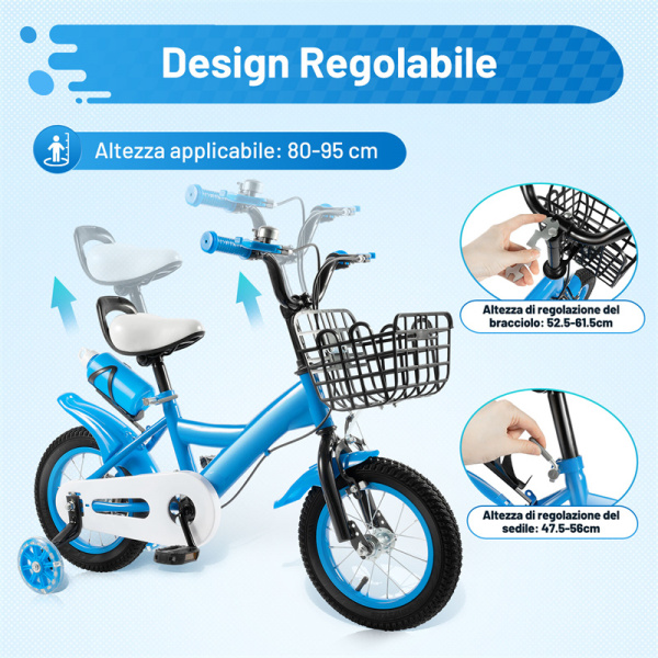 Bici Bambino Homewell 12 Pollici – Con Ruote Stabilizzatrici, Cestino E Sella Regolabile, Per 2-4 Anni