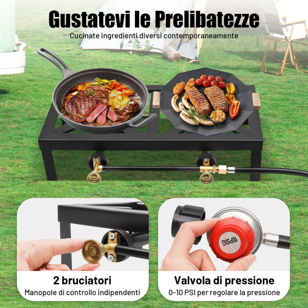 Fornello Da Campeggio A Gas Doppio Bruciatore 8000W, Ghisa - Portatile Per Picnic, Cucina All'aperto