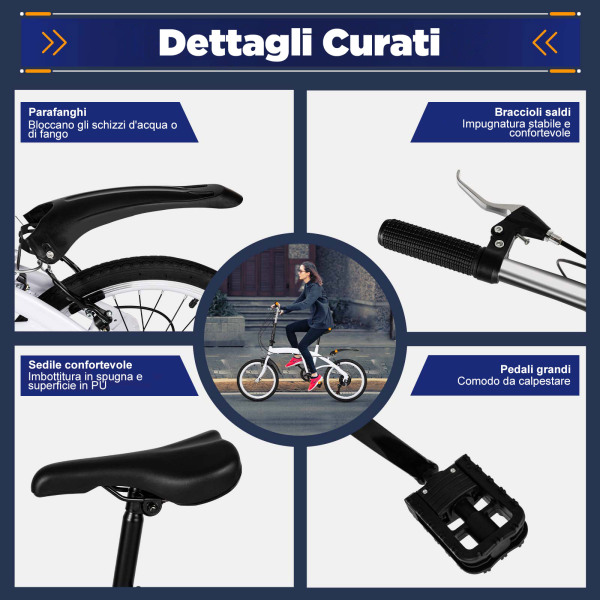 Bicicletta Pieghevole da 20" Bicicletta da Città per Adulti Regolabile in Altezza Bici Nero Bianco