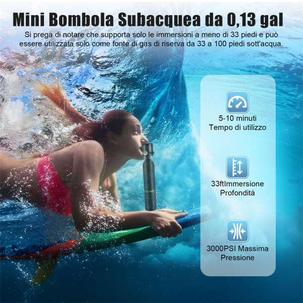 Mini bombola di ossigeno per immersioni subacquee, 5-10 minuti di utilizzo, attrezzatura subacquea portatile da 0,5 l, muta da sub