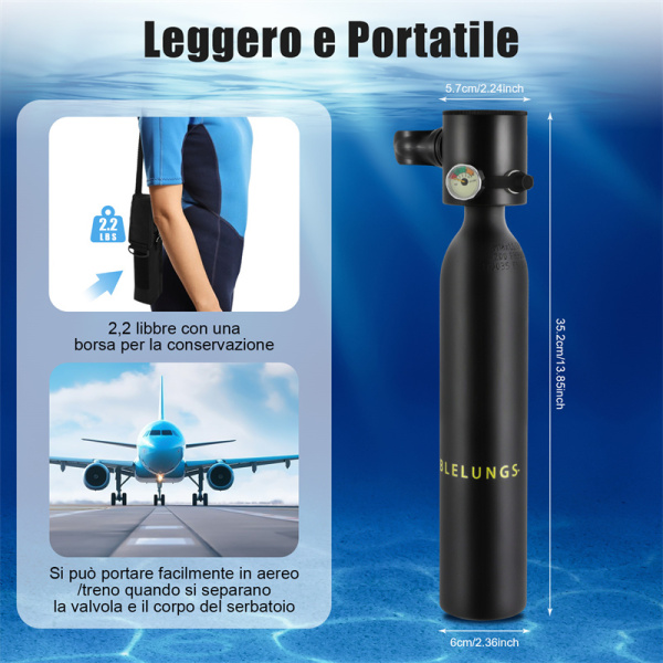 Mini bombola di ossigeno per immersioni subacquee, 5-10 minuti di utilizzo, attrezzatura subacquea portatile da 0,5 l, muta da sub