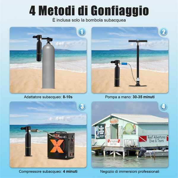 Mini bombola di ossigeno per immersioni subacquee, 5-10 minuti di utilizzo, attrezzatura subacquea portatile da 0,5 l, muta da sub