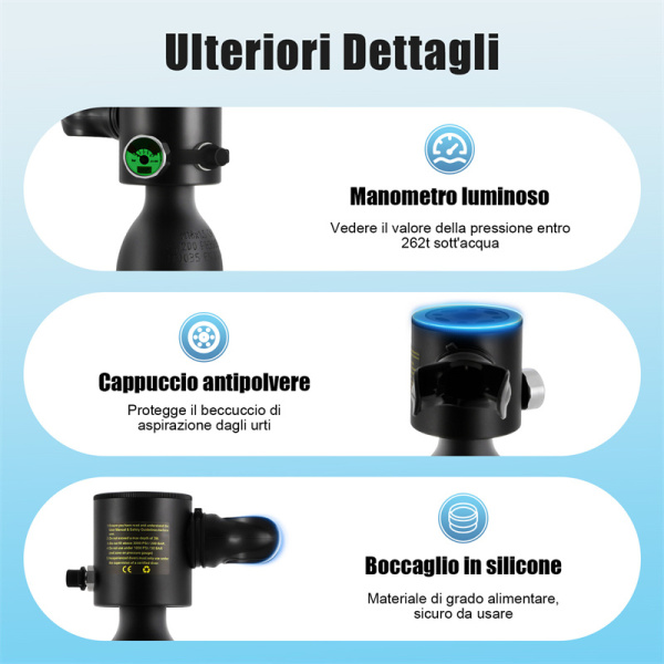 Mini bombola di ossigeno per immersioni subacquee, 5-10 minuti di utilizzo, attrezzatura subacquea portatile da 0,5 l, muta da sub