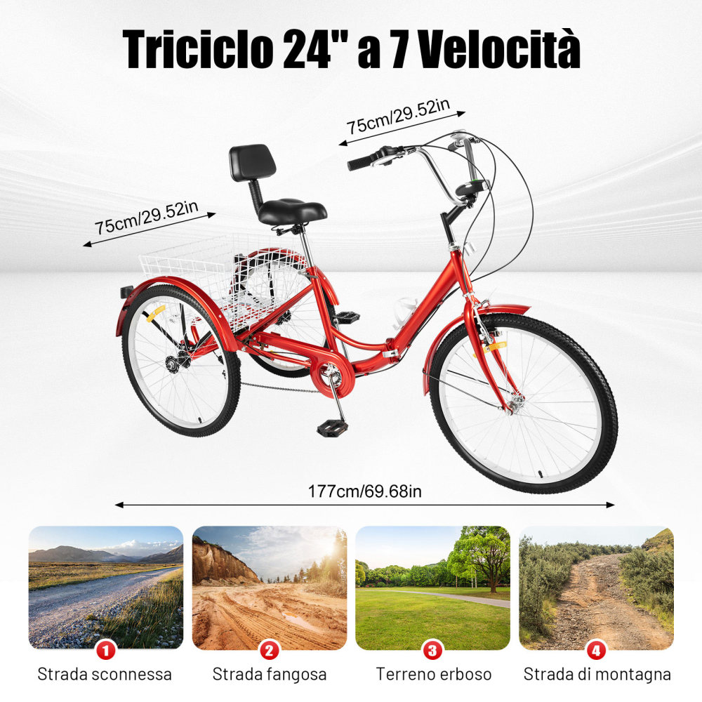 Triciclo Pieghevole Per Adulti 24 Pollici, 7 Marce, Con Cestino E Faro LED - Rosso - Ideale Per Anziani, Donne E Uomini - 2