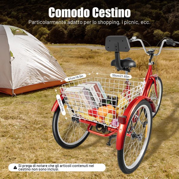 Triciclo Pieghevole Per Adulti 24 Pollici, 7 Marce, Con Cestino E Faro LED - Rosso - Ideale Per Anziani, Donne E Uomini - 3