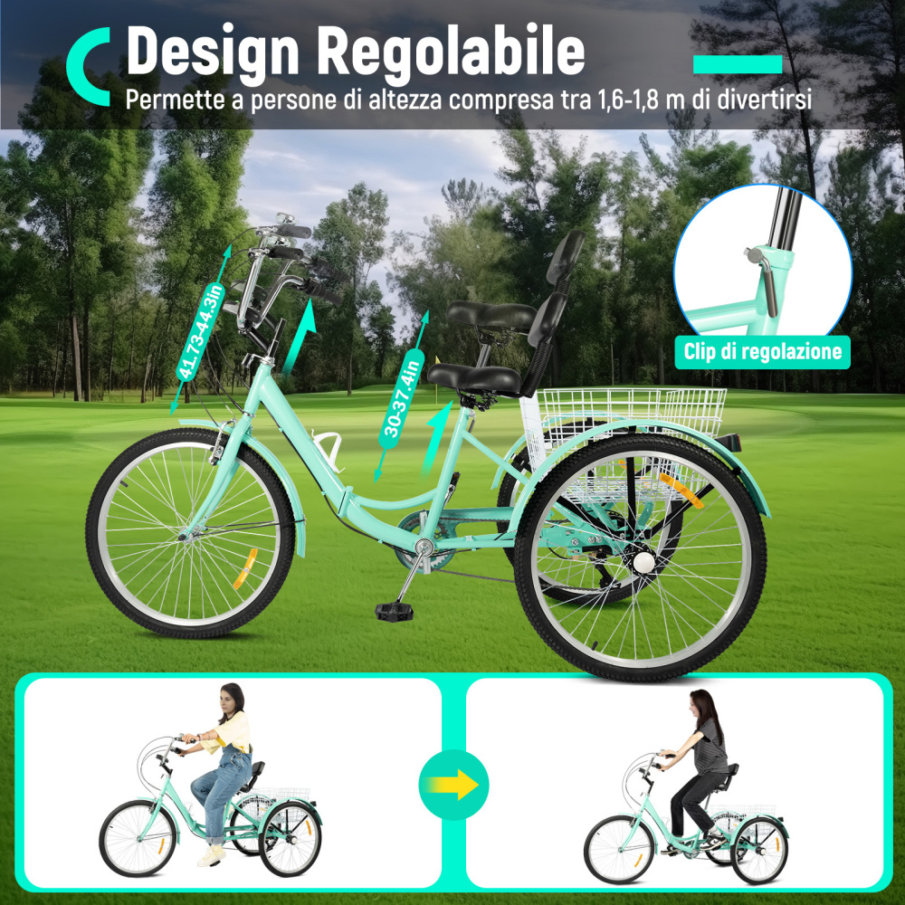 24 pollici triciclo pieghevole 3 ruote bicicletta per adulti anziani Trike 7 velocità adulto triciclo con carrello della spesa (blu