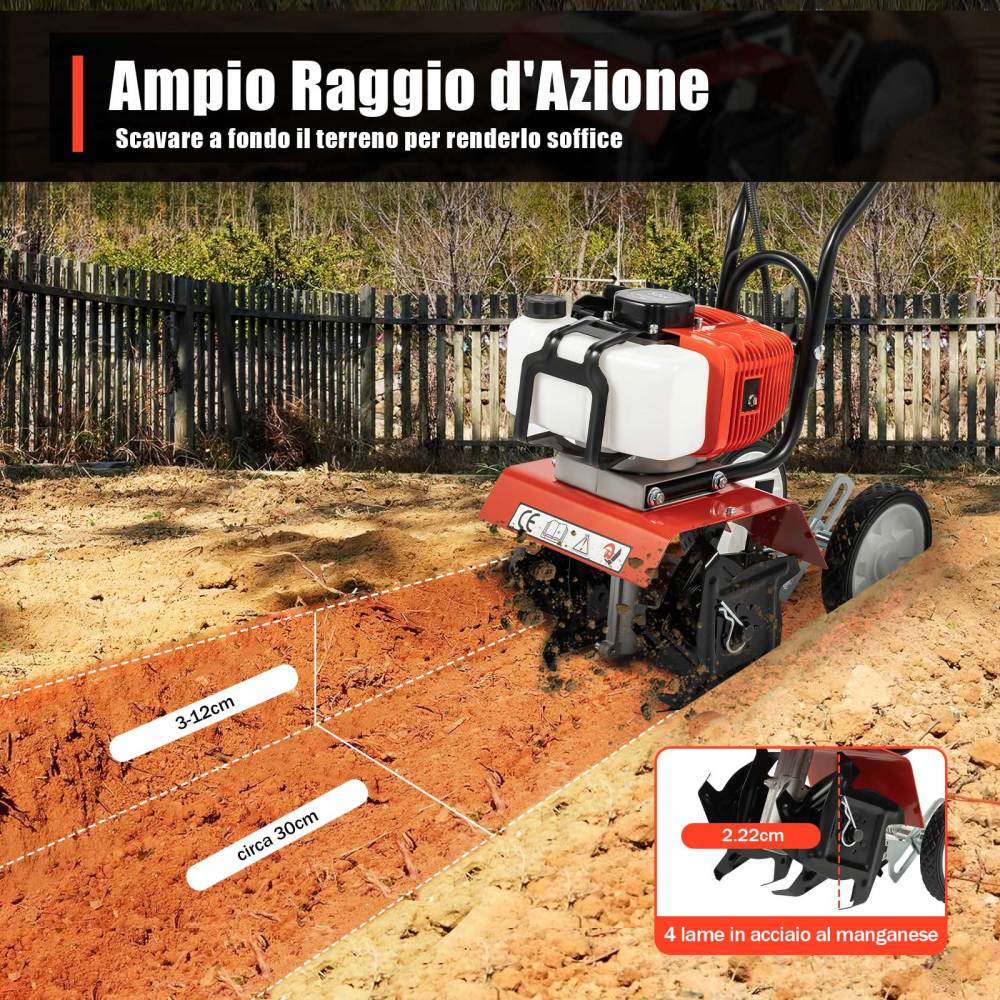 Motozappa A Benzina T-Mech 52CC - 3CV, 4 Lame Acciaio, Larghezza 30cm, Profondità 20cm, Serbatoio 1.2L - Foto 7