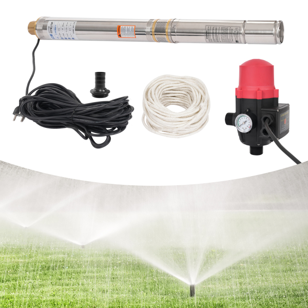 Pompa per pozzi profondi da 8,8 cm 750W 6300L/H 50 Hz Cavo di alimentazione 20 m con spina euro e pressostato + corda 20 m